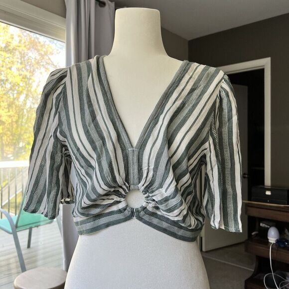 Boho Striped Crop Top Women’s Ring Front V-Neck Y2K Cottagecore Festival Blouse - Picture 1 of 12
